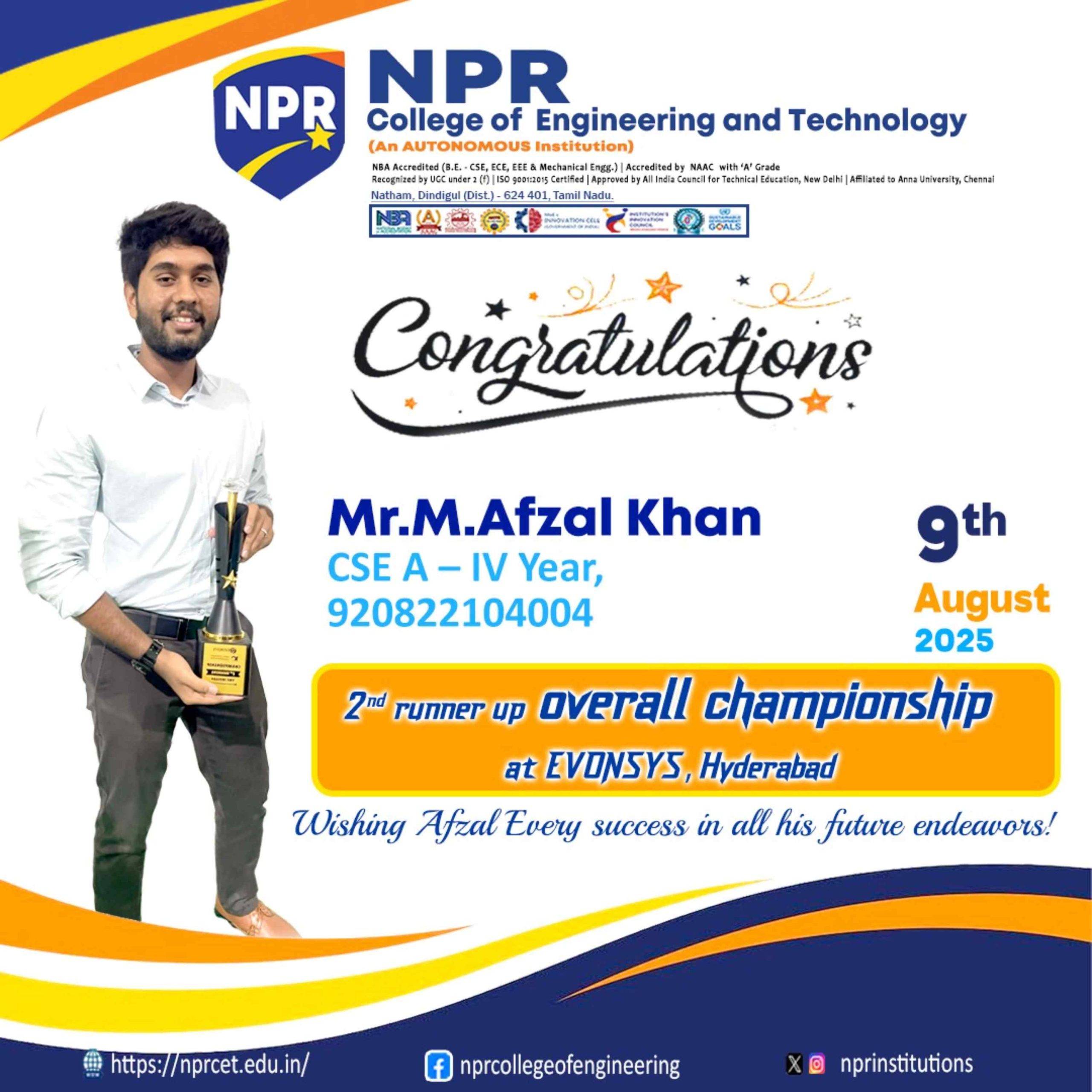 Major Victory: 2nd Runner Up in EVONSYS Overall Championship