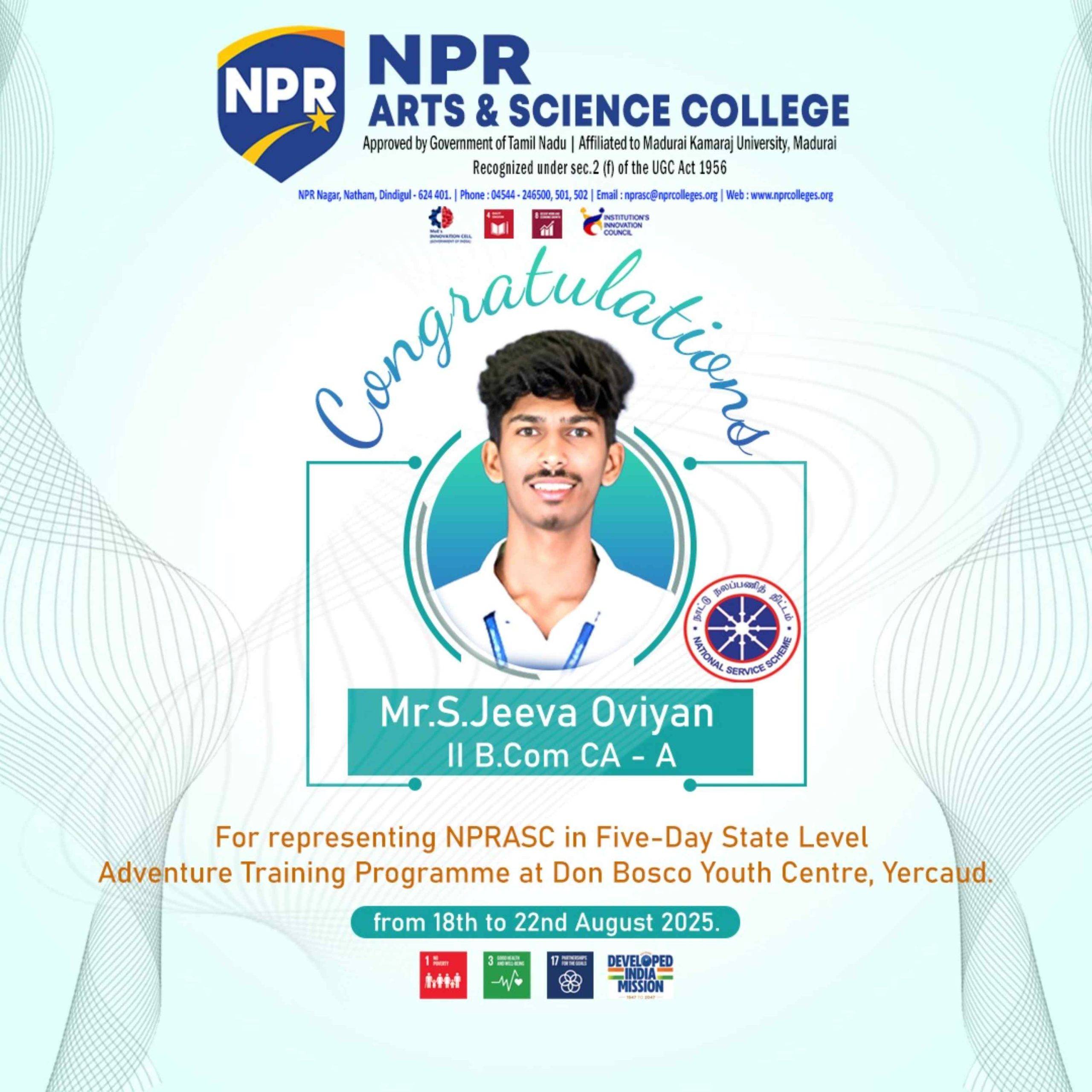 NPRASC Student Selected for State Level Adventure Training Programme