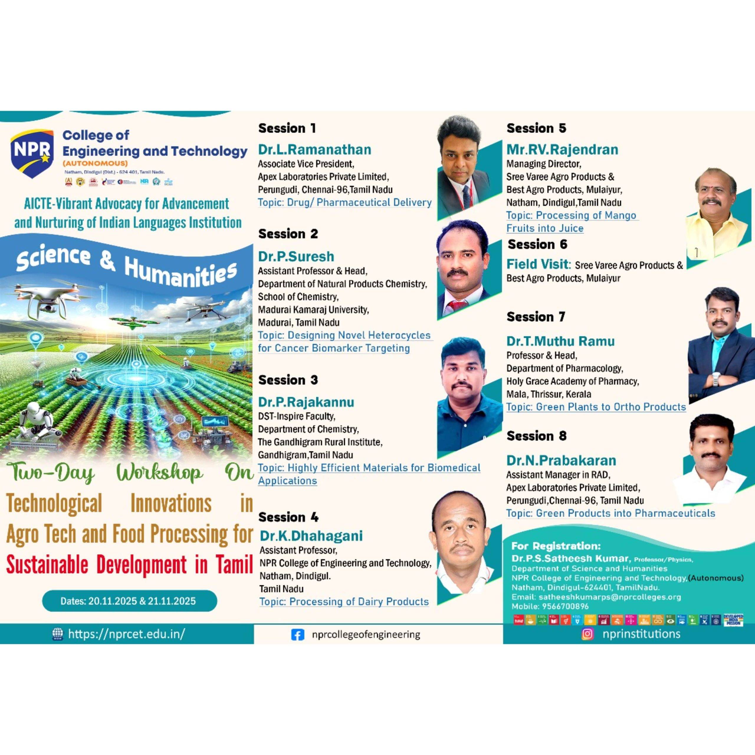 Two-Day Workshop on Technical Innovations in Agro Tech  and Food Processing for Substantial Development in Tamil